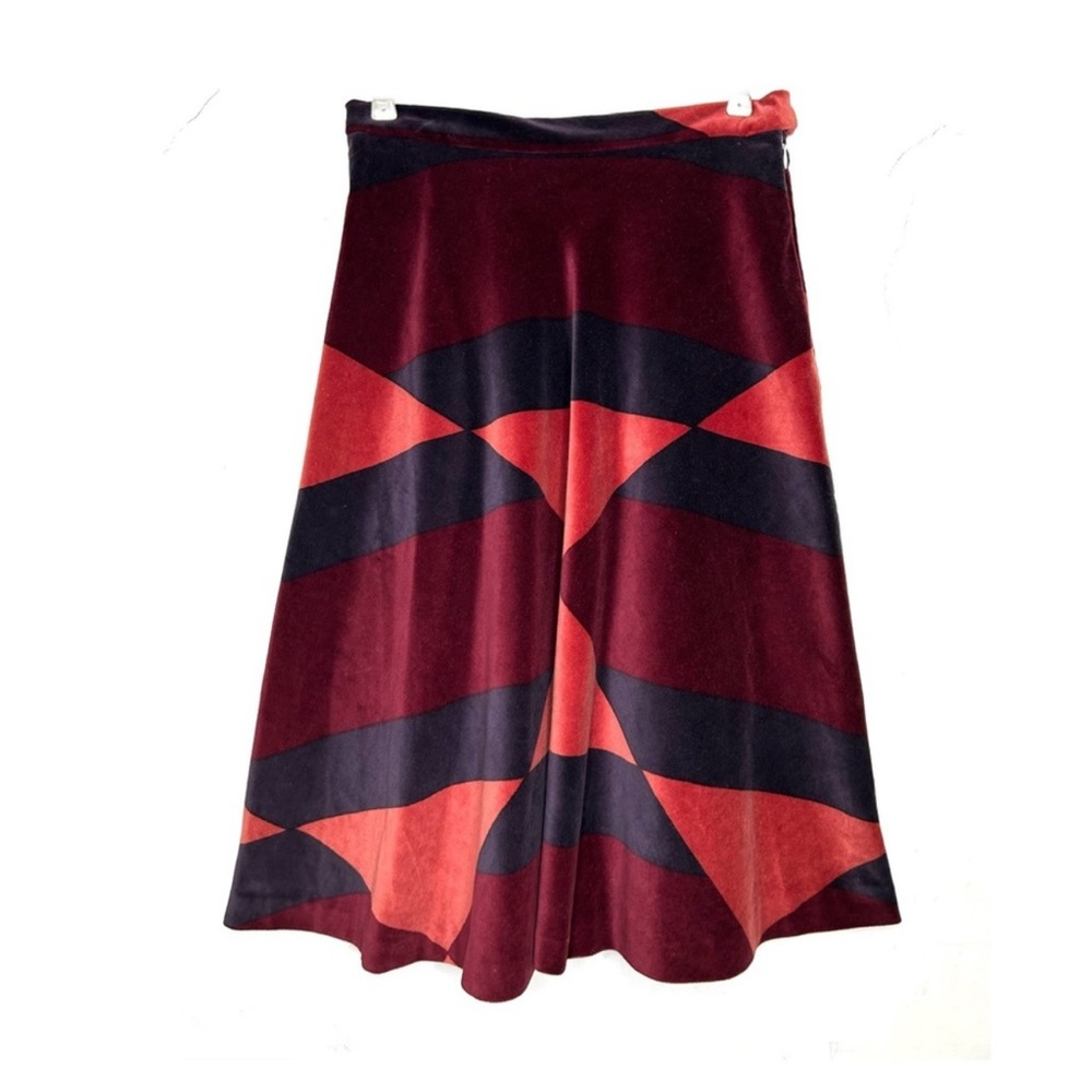 Vintage 70s Velour Geometric A-Line Midi Skirt Burgundy Jewel Tones Handmade M